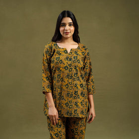 Yellow Cotton Ajrakh Block Print Night Suit Set