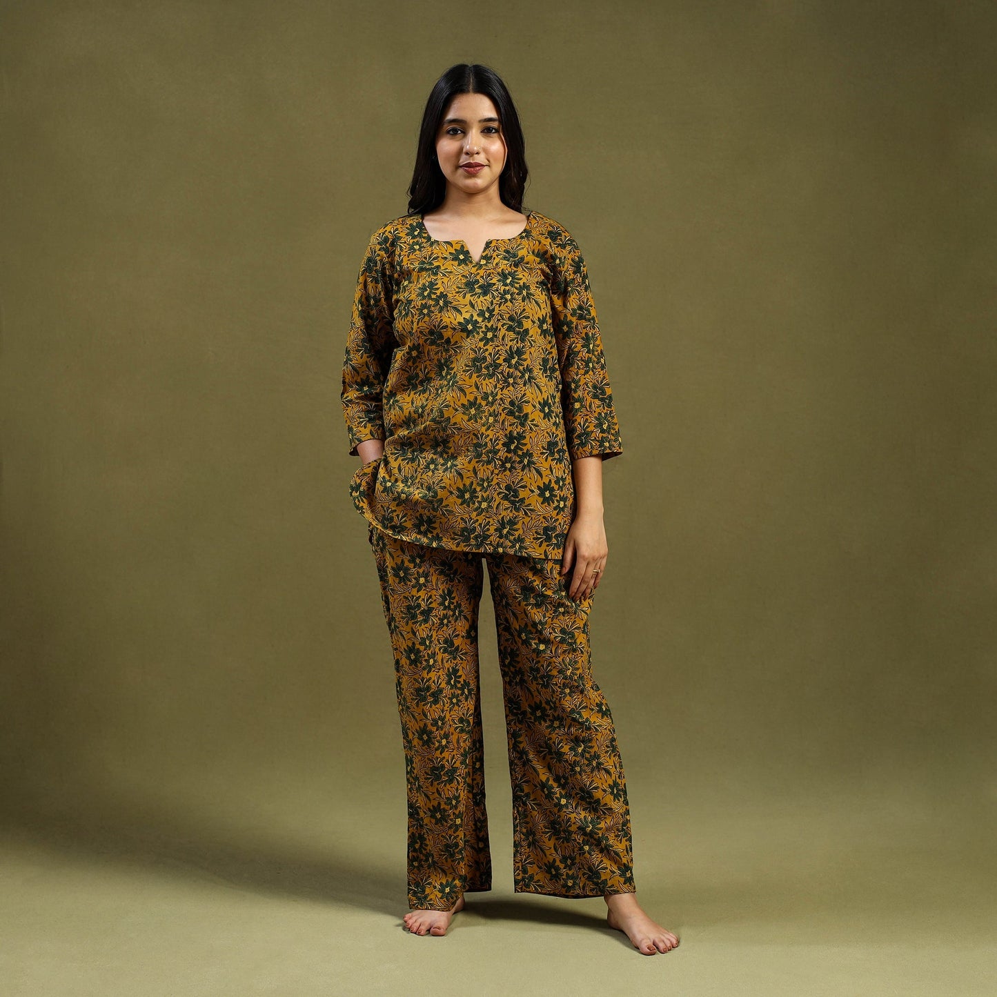 Yellow Cotton Ajrakh Block Print Night Suit Set