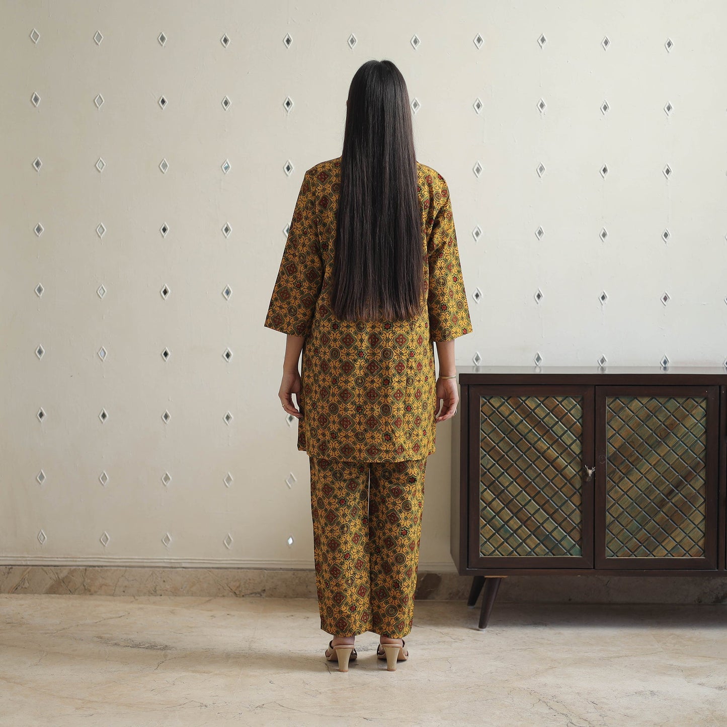 Buy Yellow Cotton Ajrakh Block Print Night Suit Set