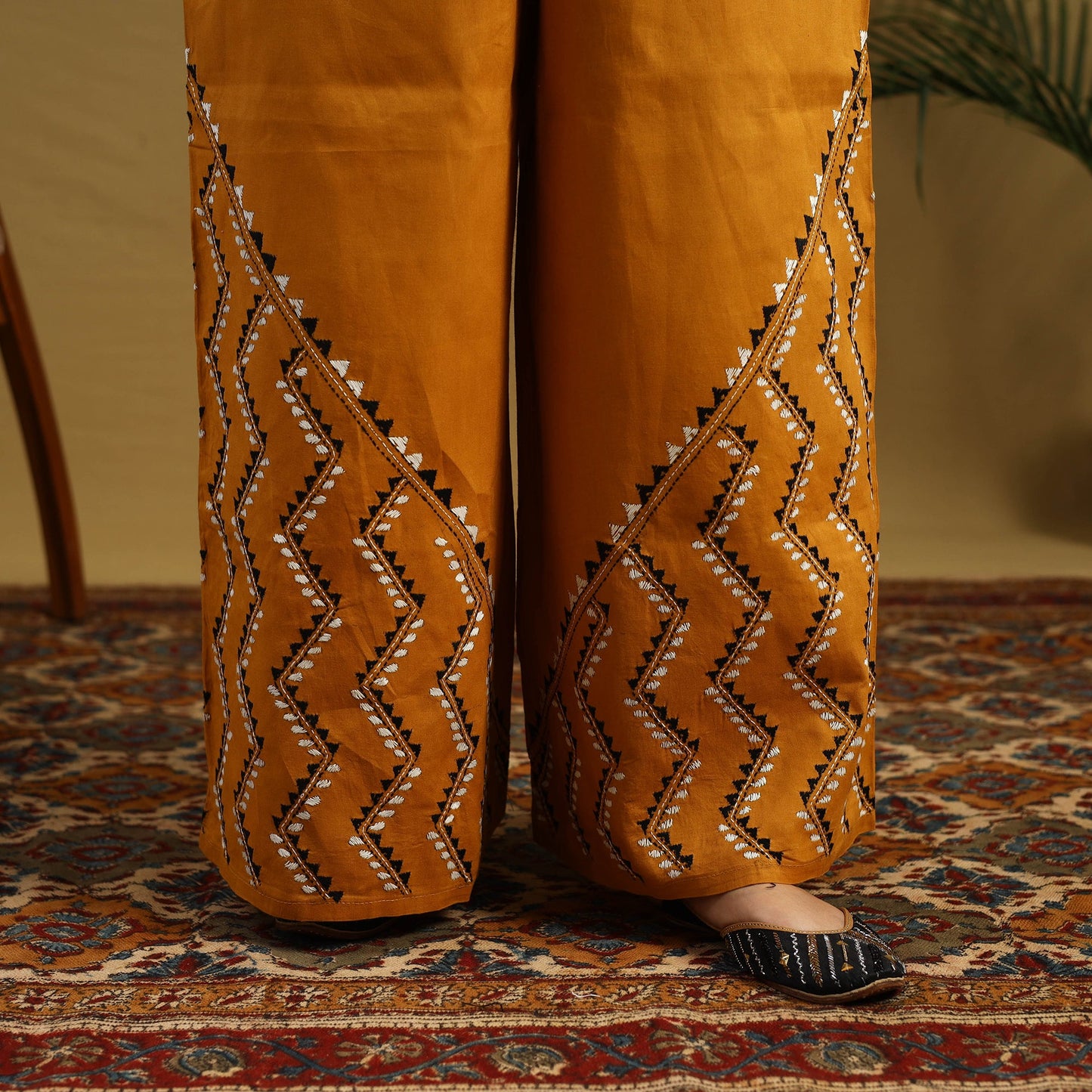 Buy Orange Cotton Bengal Kantha Hand Embroidery Palazzo