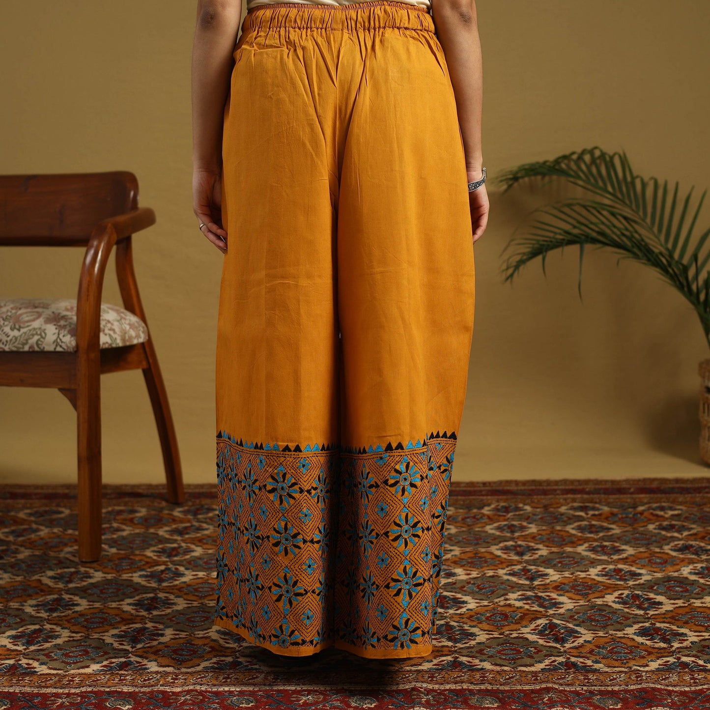 Buy Orange Cotton Bengal Kantha Hand Embroidery Palazzo