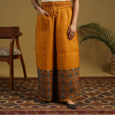 Buy Orange Cotton Bengal Kantha Hand Embroidery Palazzo