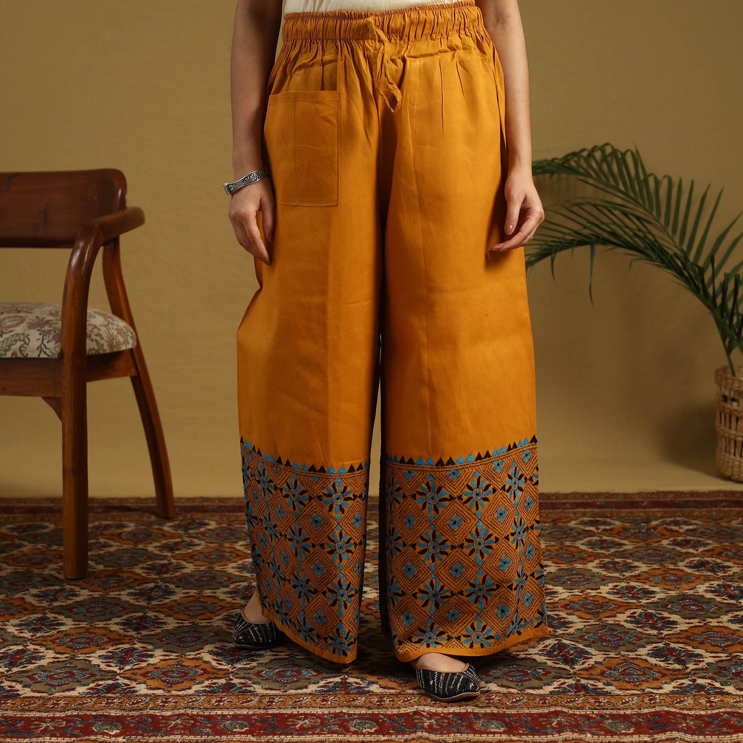 Buy Orange Cotton Bengal Kantha Hand Embroidery Palazzo