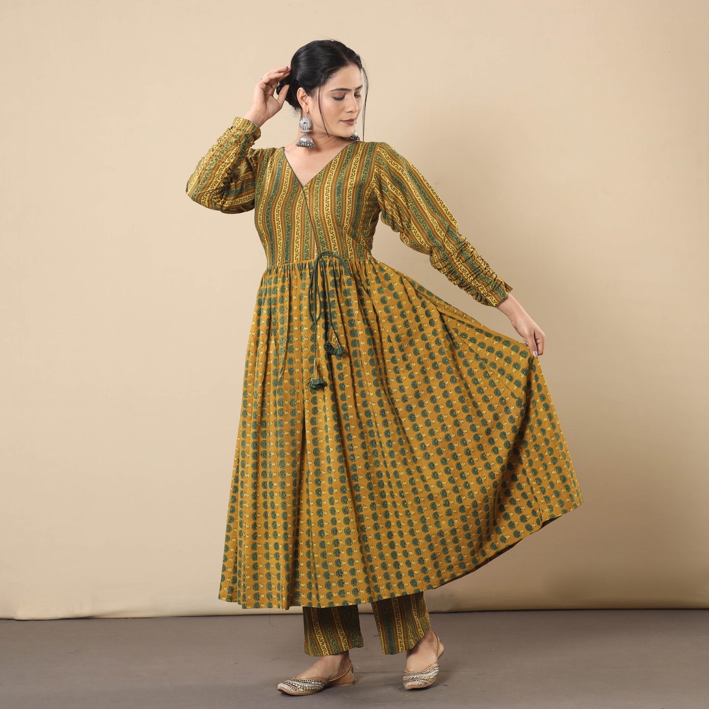 Yellow - cotton flared gher kurta with pant set 07