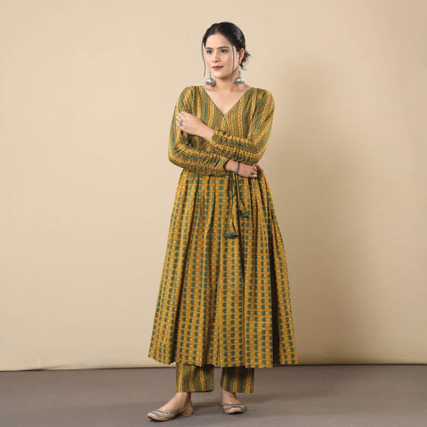 Yellow - cotton flared gher kurta with pant set 07