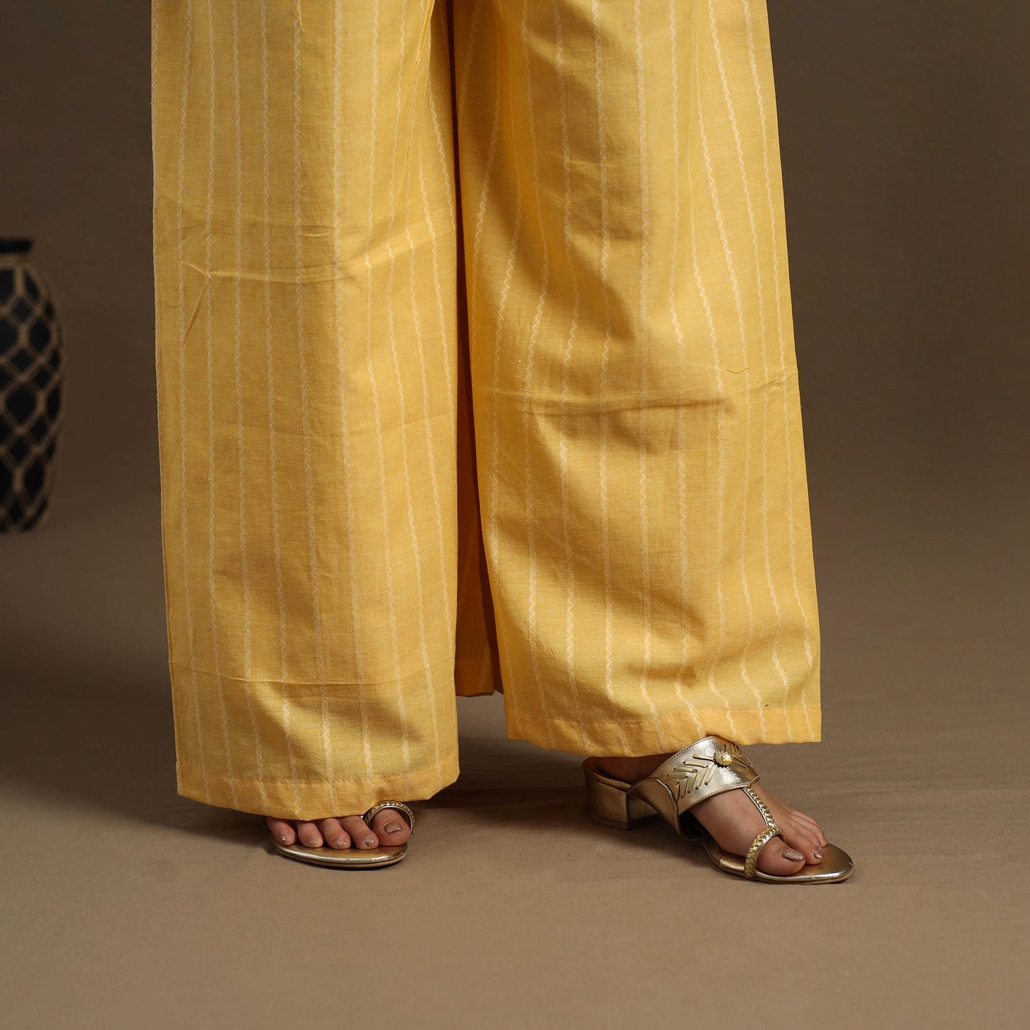 Buy Yellow Cotton Flared Jacquard Palazzo