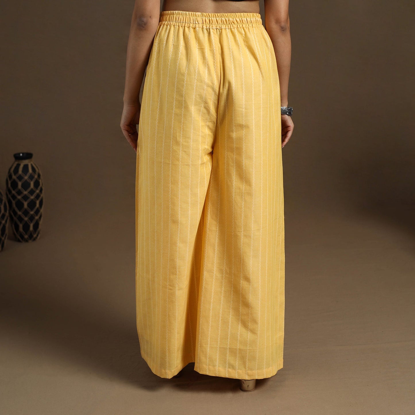 Buy Yellow Cotton Flared Jacquard Palazzo