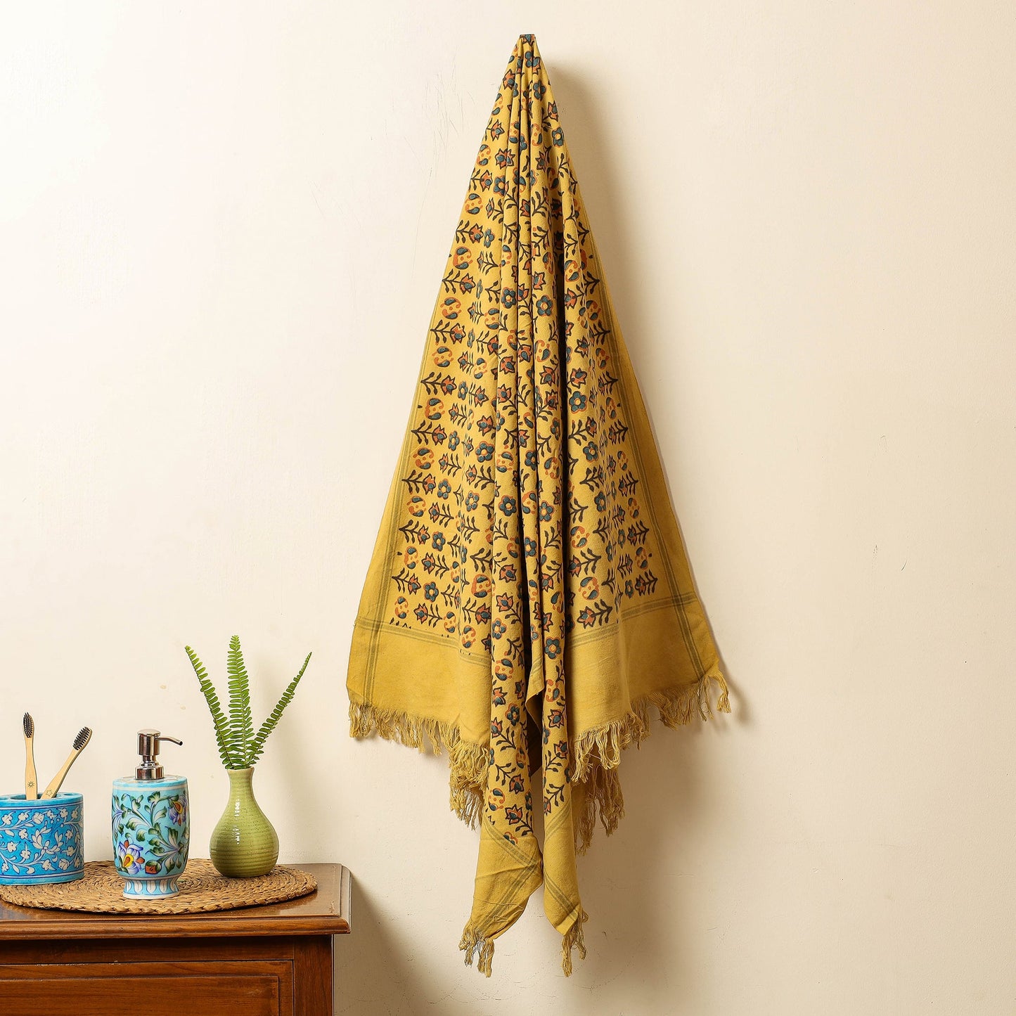 Yellow Block Print Cotton Ajrakh Handloom Towel