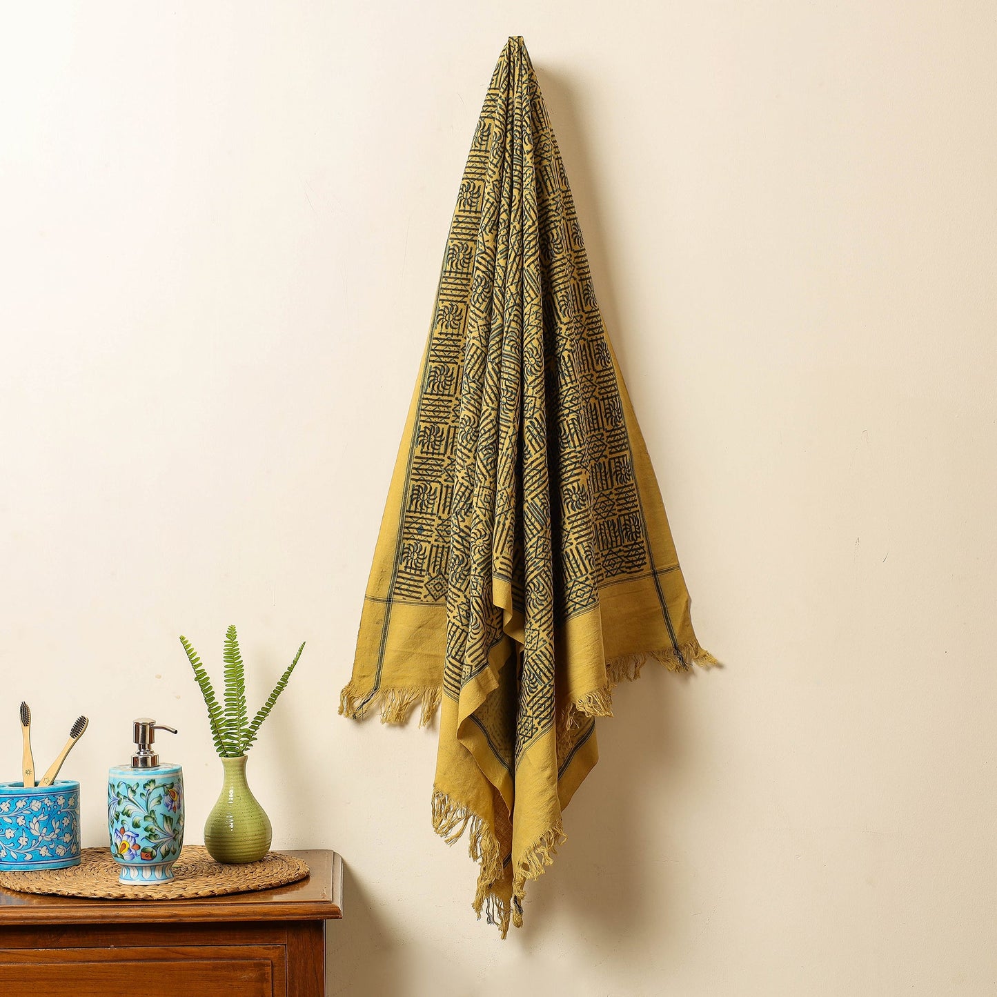 Yellow Block Print Cotton Ajrakh Handloom Towel