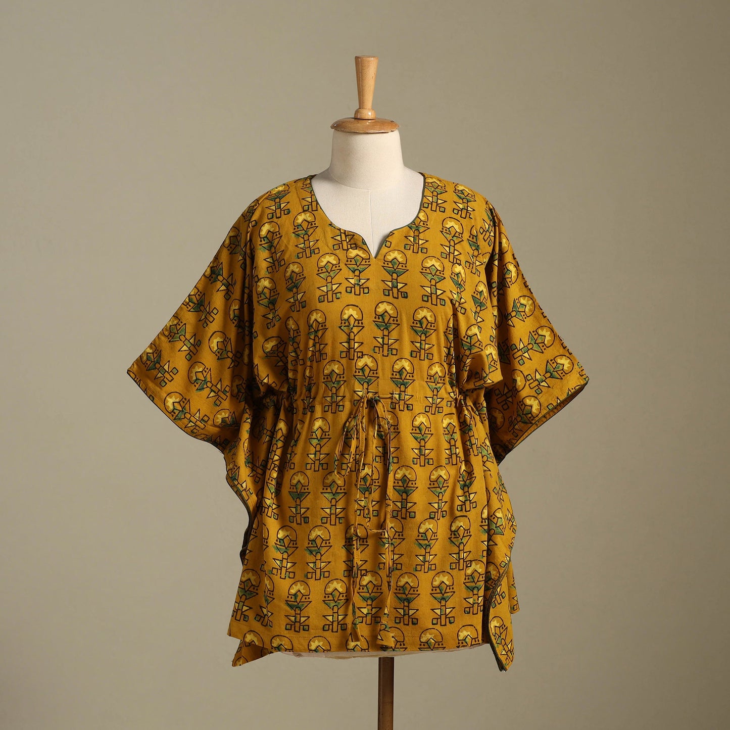 Yellow Ajrakh Block Print Cotton Kaftan (Short)