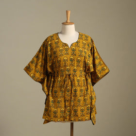 Yellow Ajrakh Block Print Cotton Kaftan (Short)