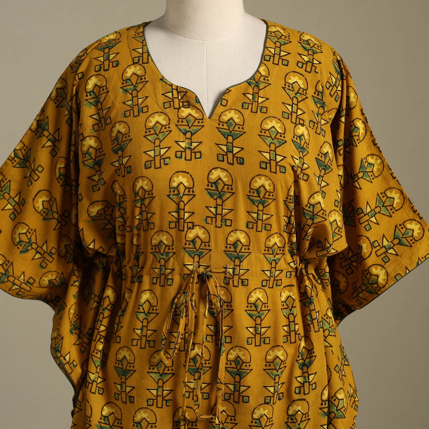 Yellow Ajrakh Block Print Cotton Kaftan (Short)