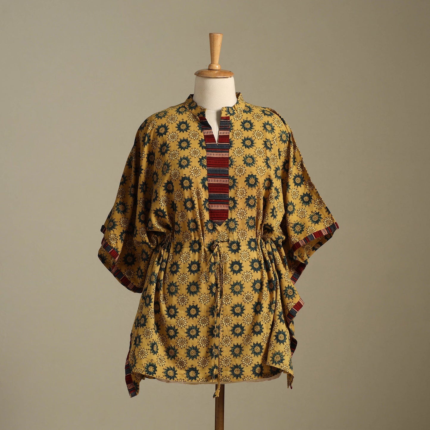 Yellow Ajrakh Block Print Cotton Kaftan (Short)