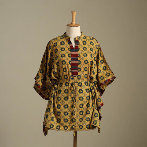 Yellow Ajrakh Block Print Cotton Kaftan (Short)