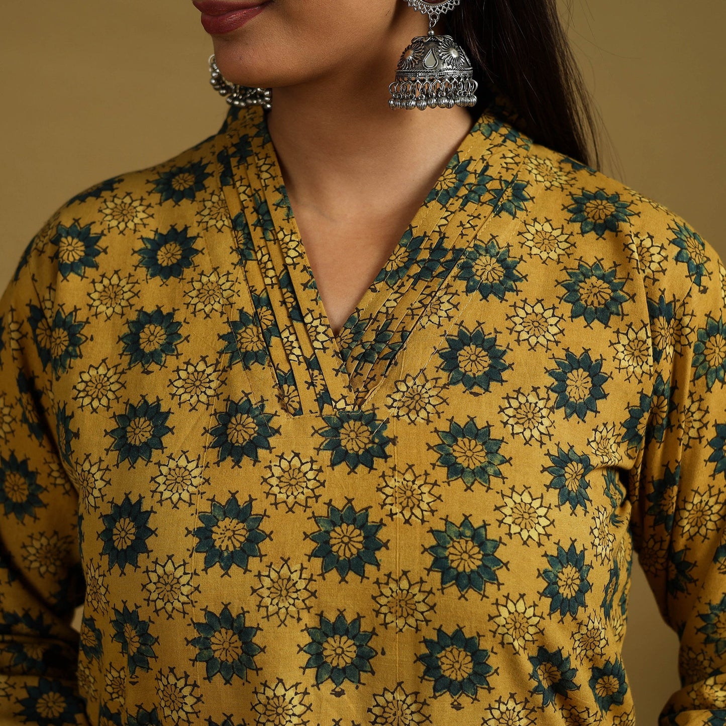  Yellow Block Print Cotton Ajrakh Kurta Set with Dupatta