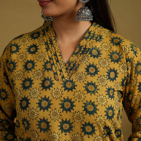  Yellow Block Print Cotton Ajrakh Kurta Set with Dupatta