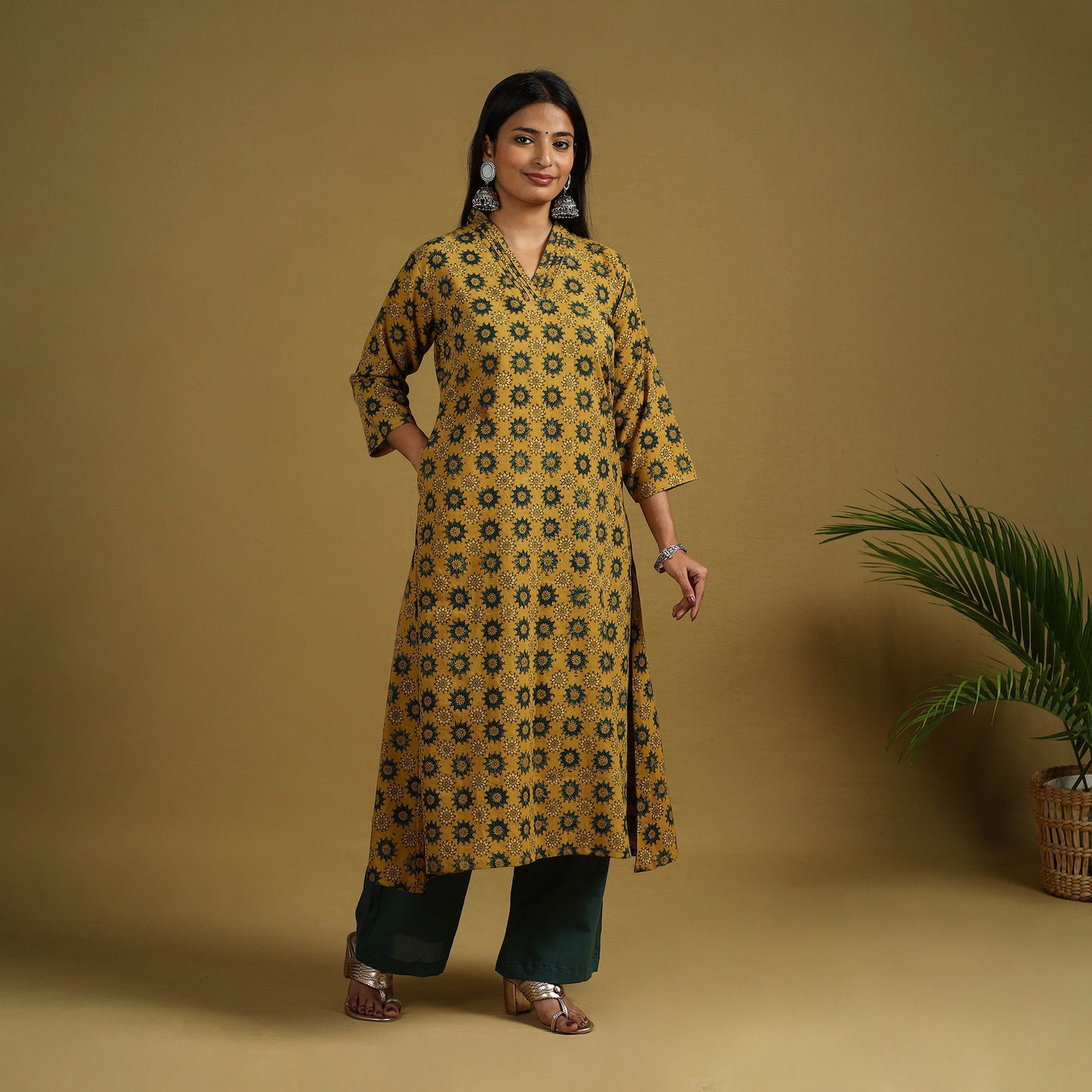  Yellow Block Print Cotton Ajrakh Kurta Set with Dupatta