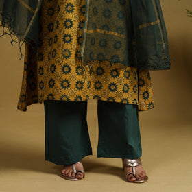  Yellow Block Print Cotton Ajrakh Kurta Set with Dupatta