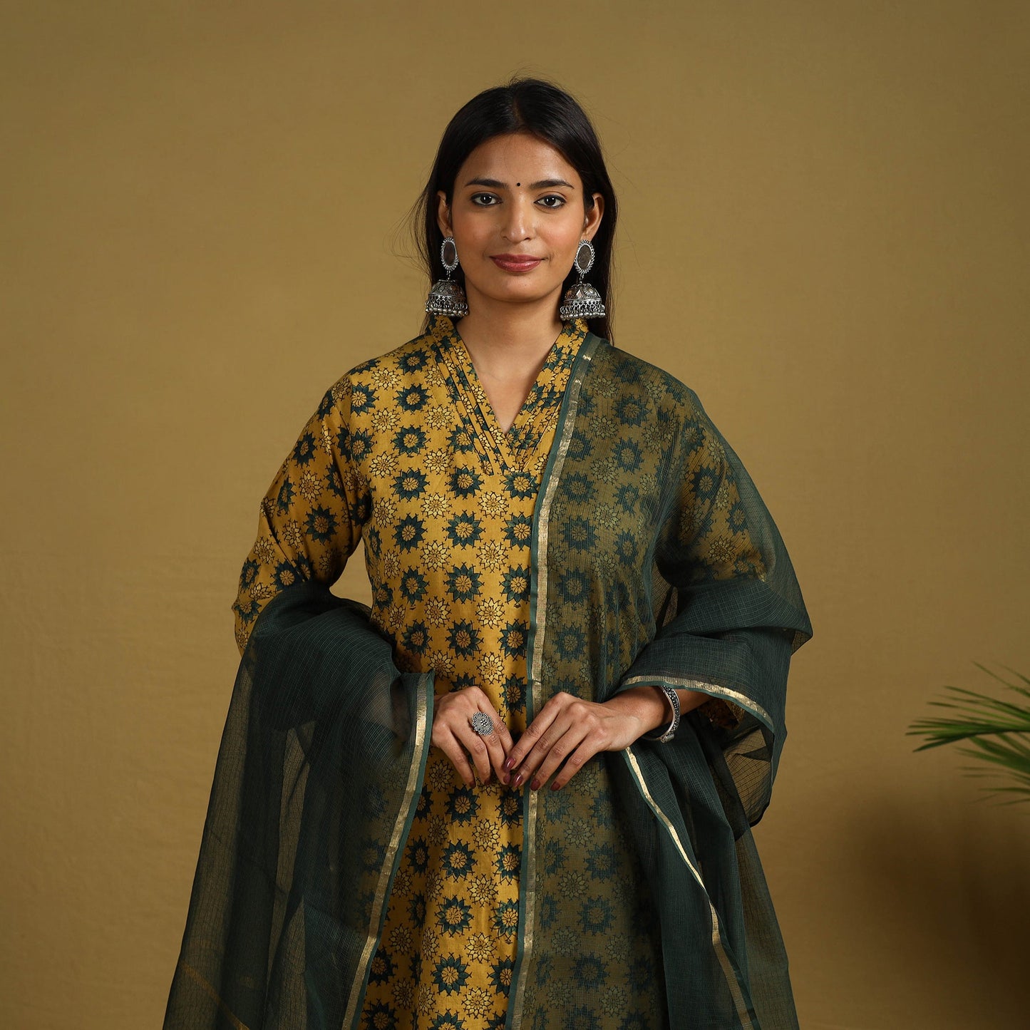  Yellow Block Print Cotton Ajrakh Kurta Set with Dupatta