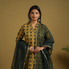  Yellow Block Print Cotton Ajrakh Kurta Set with Dupatta