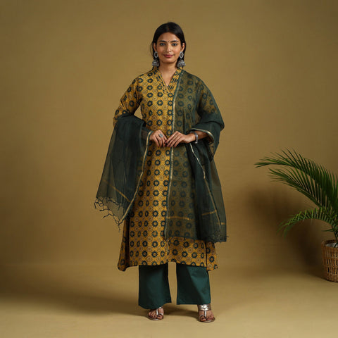  Yellow Block Print Cotton Ajrakh Kurta Set with Dupatta