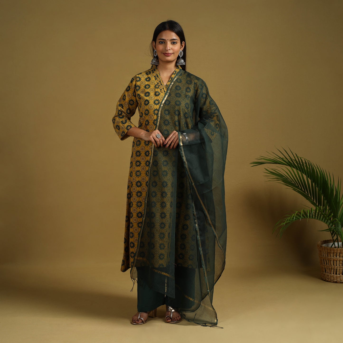  Yellow Block Print Cotton Ajrakh Kurta Set with Dupatta