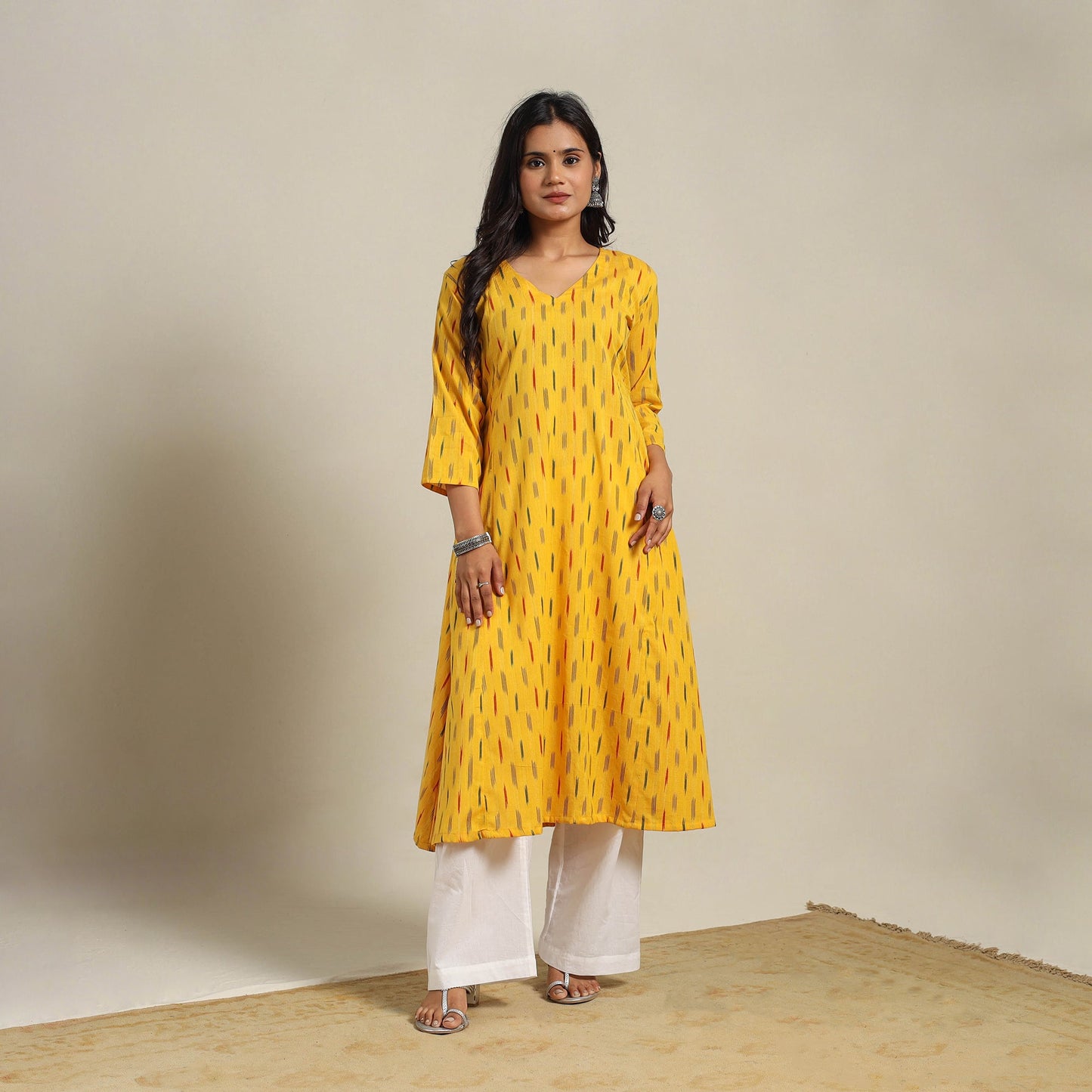 Yellow Cotton A-Line Pochampally Ikat Kurta