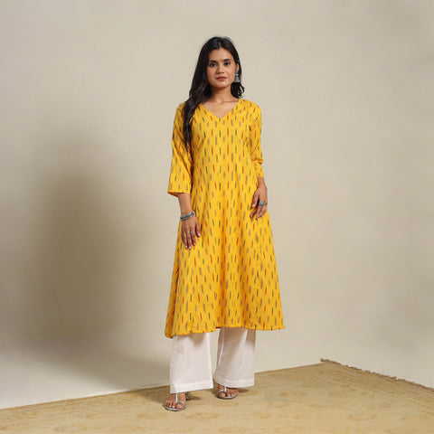 Yellow Cotton A-Line Pochampally Ikat Kurta