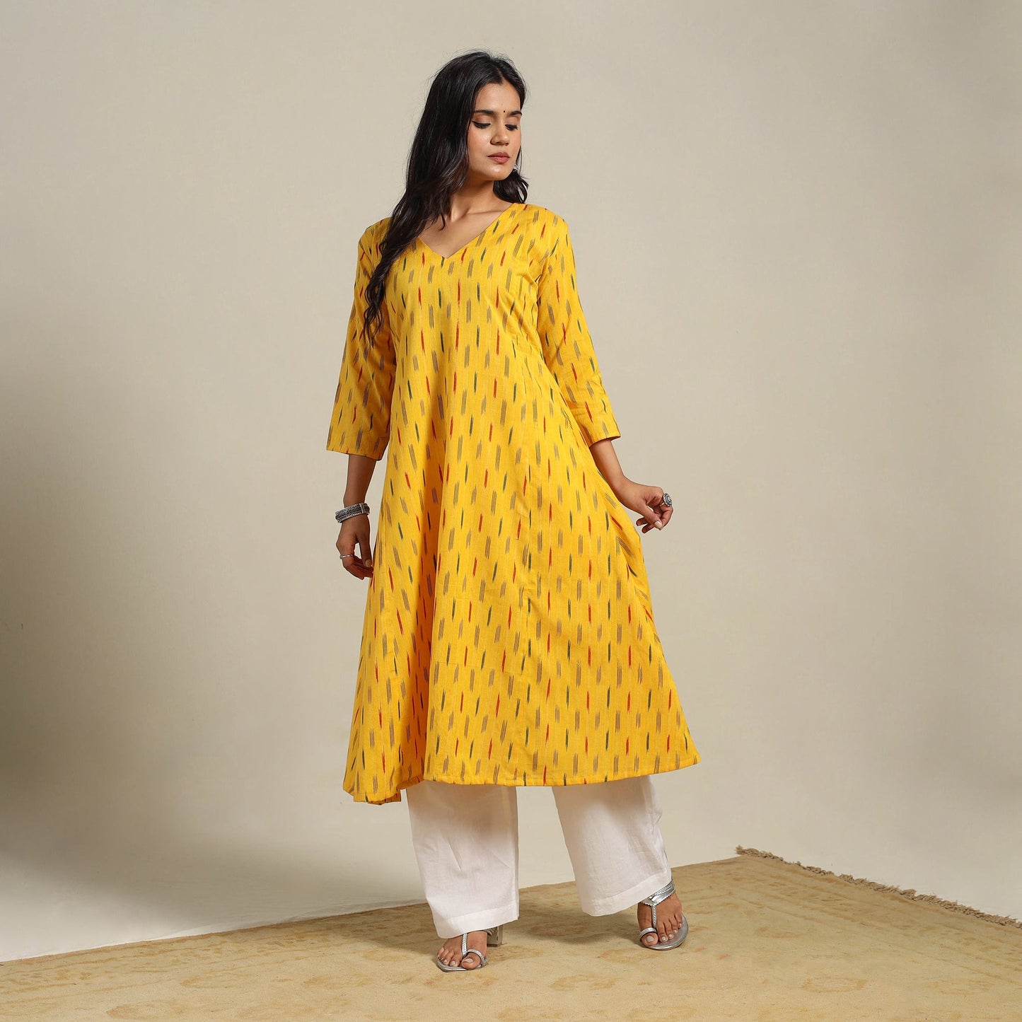 Yellow Cotton A-Line Pochampally Ikat Kurta