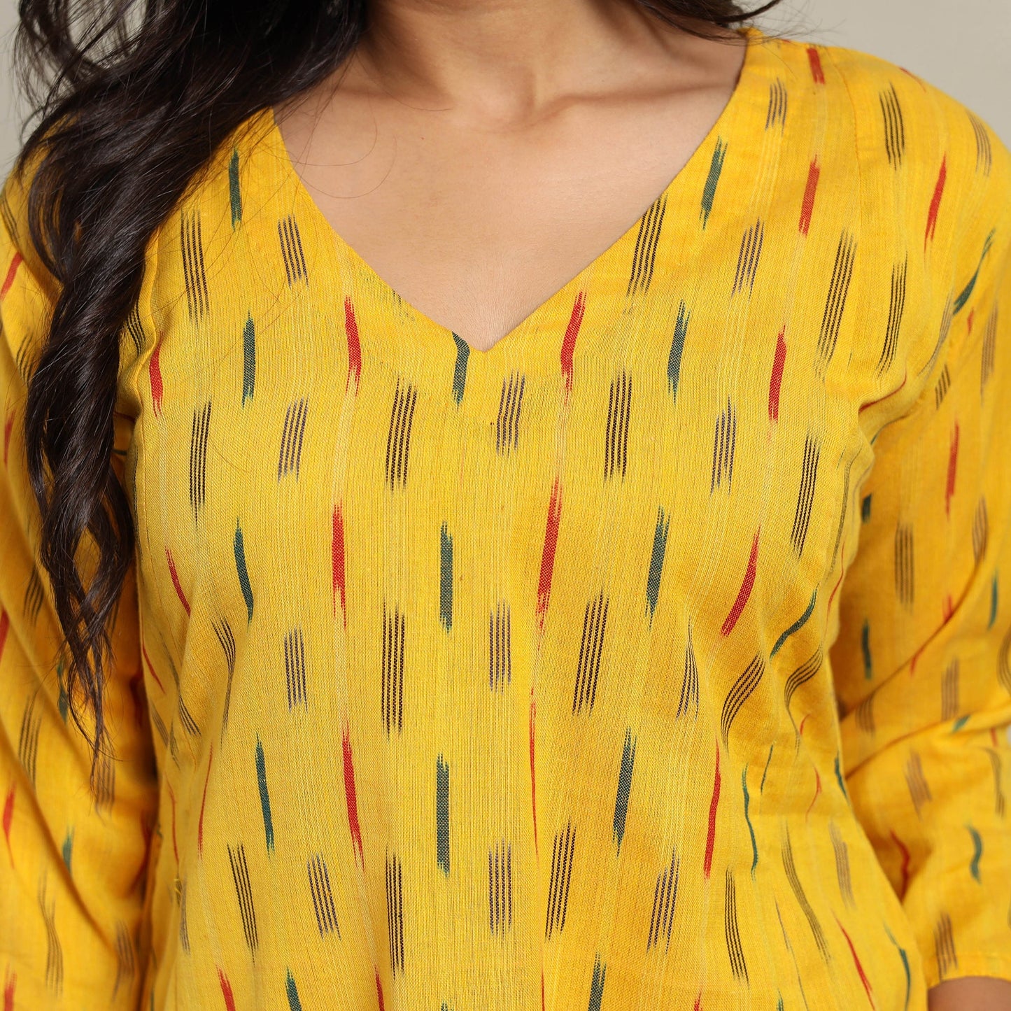 Yellow Cotton A-Line Pochampally Ikat Kurta