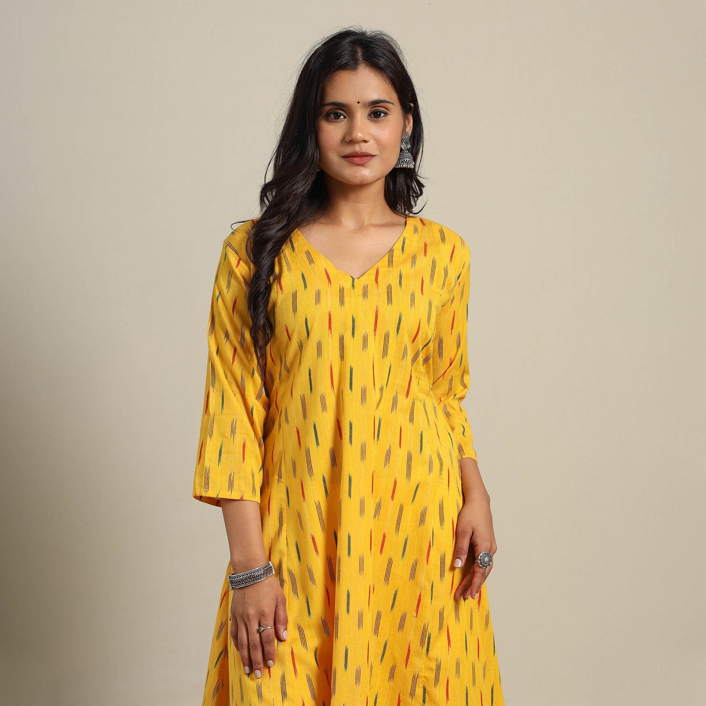 Yellow Cotton A-Line Pochampally Ikat Kurta