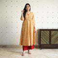 Yellow Block Print Cotton A-Line Sanganeri Kurta for Women