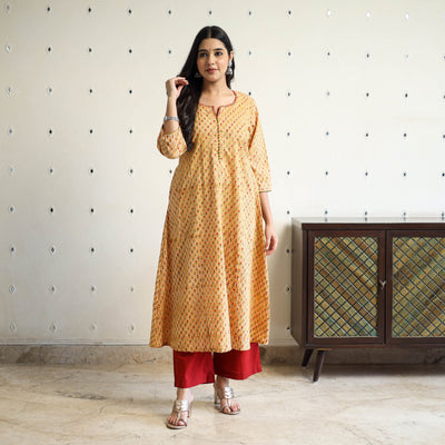 Yellow Block Print Cotton A-Line Sanganeri Kurta for Women