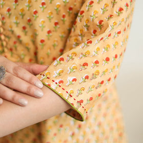 Yellow Block Print Cotton A-Line Sanganeri Kurta for Women