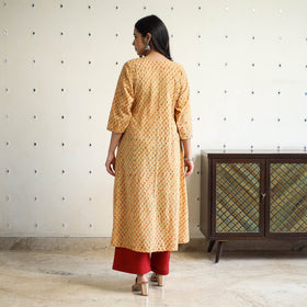 Yellow Block Print Cotton A-Line Sanganeri Kurta for Women