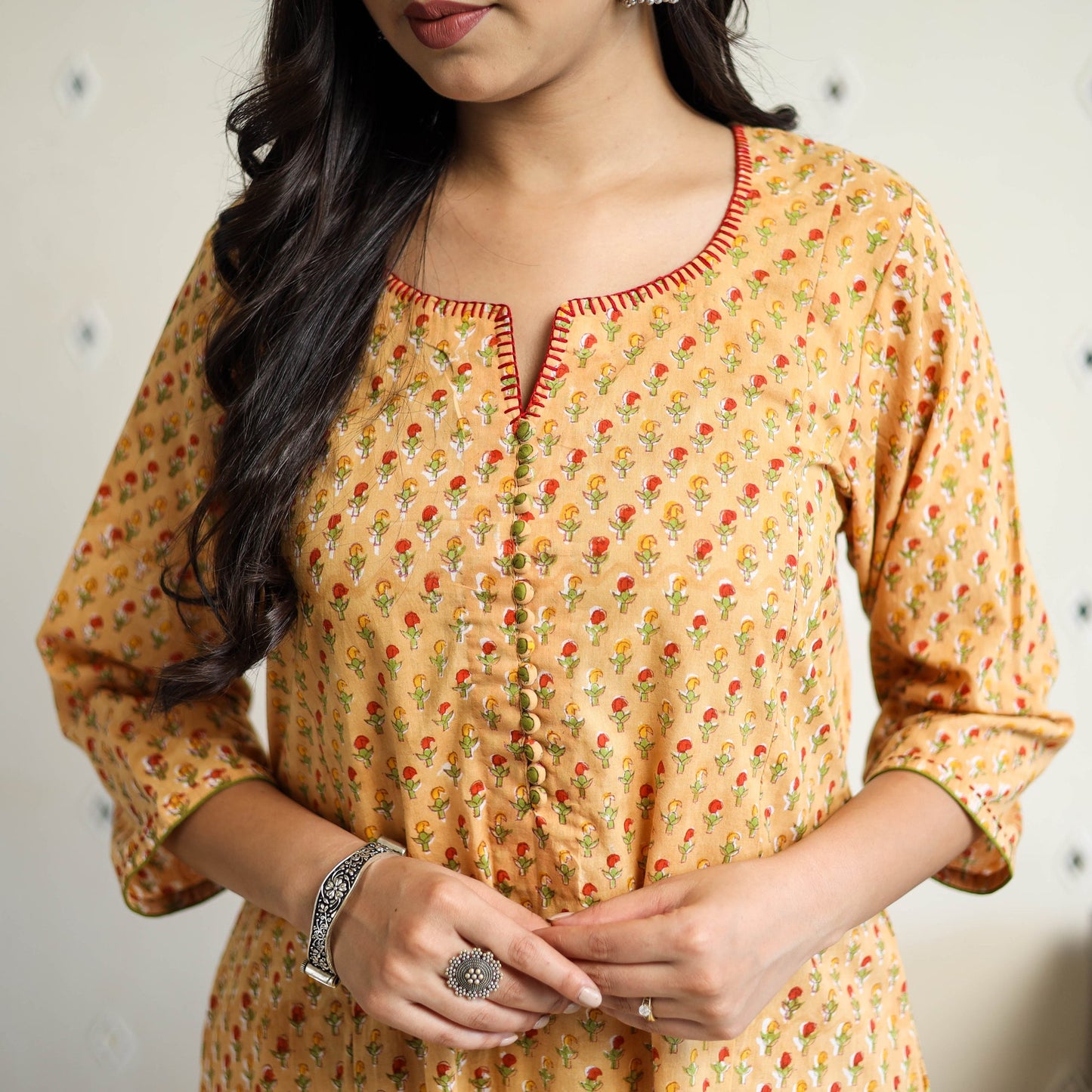 Yellow Block Print Cotton A-Line Sanganeri Kurta for Women