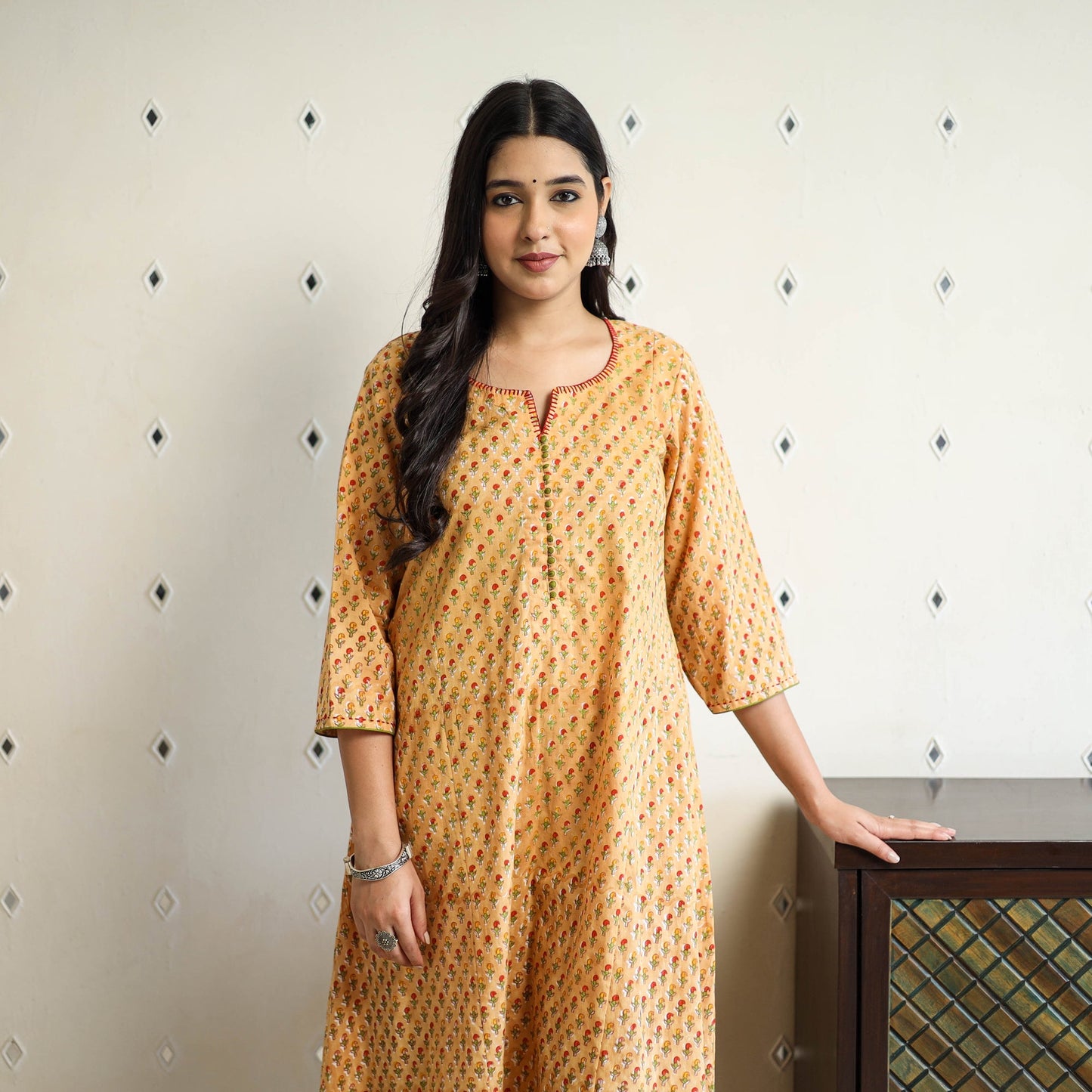 Yellow Block Print Cotton A-Line Sanganeri Kurta for Women