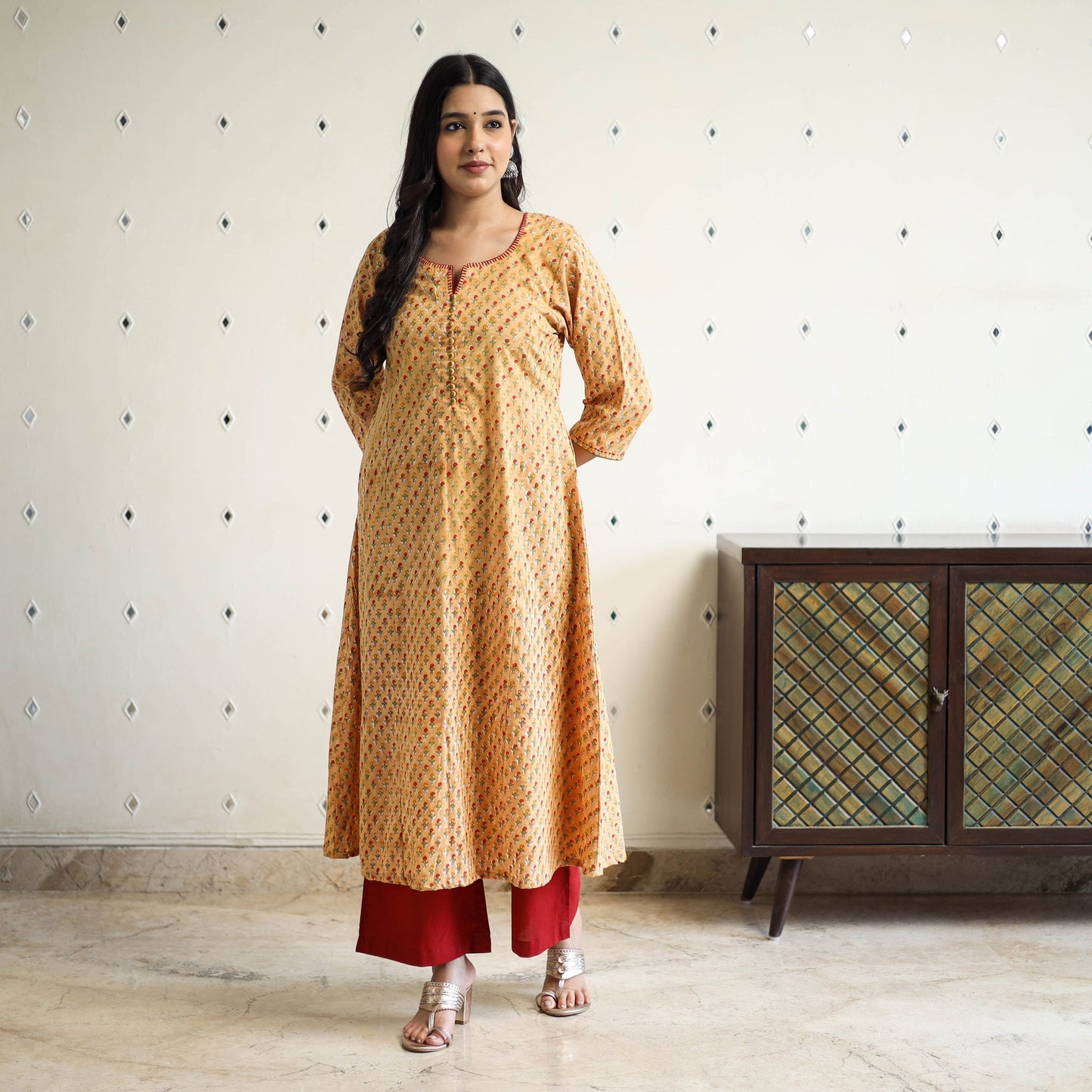 Yellow Block Print Cotton A-Line Sanganeri Kurta for Women