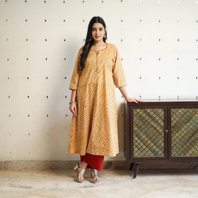 Yellow Block Print Cotton A-Line Sanganeri Kurta for Women
