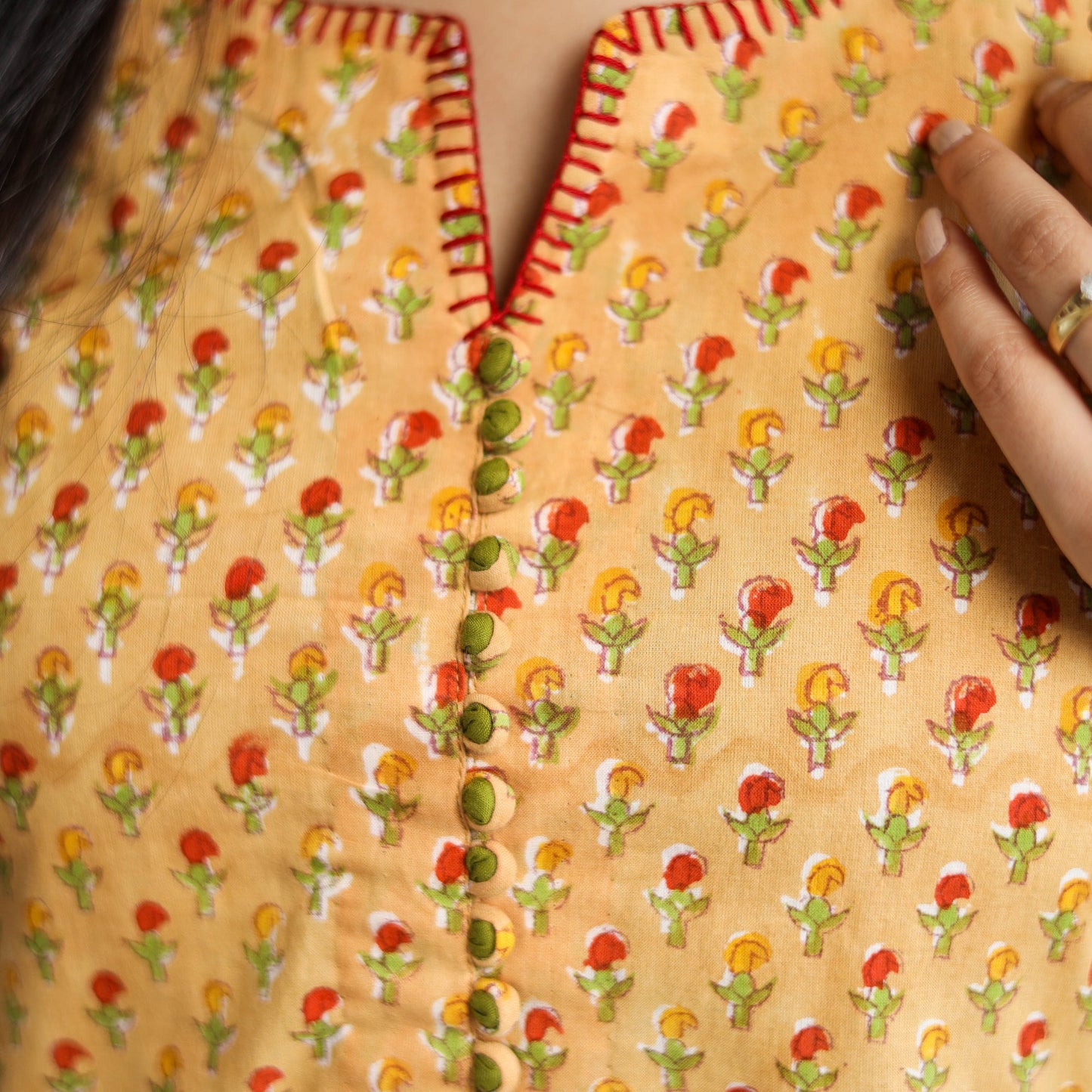 Yellow Block Print Cotton A-Line Sanganeri Kurta for Women