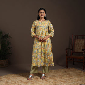 Yellow - cotton a-line sanganeri kurta 04 - handcrafted