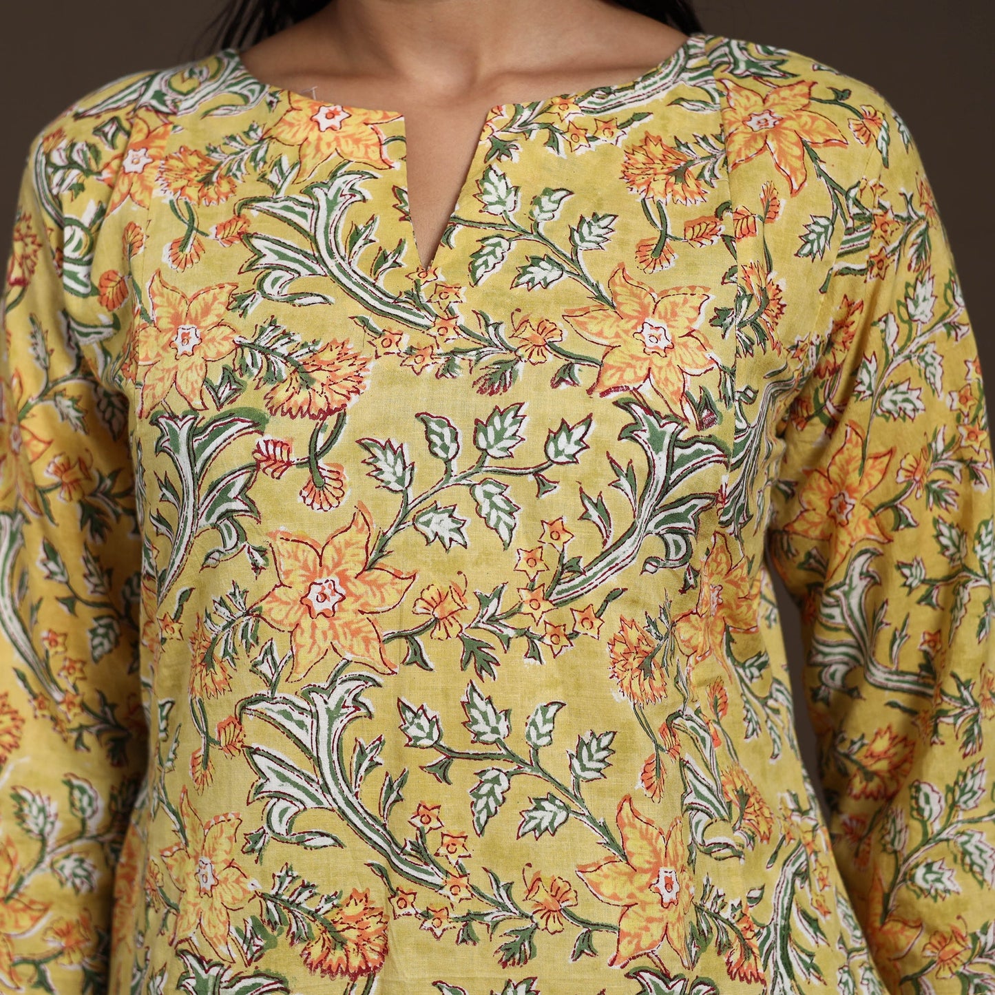 Yellow - cotton a-line sanganeri kurta 04 - handcrafted
