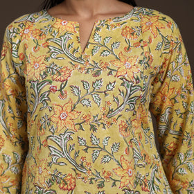 Yellow - cotton a-line sanganeri kurta 04 - handcrafted