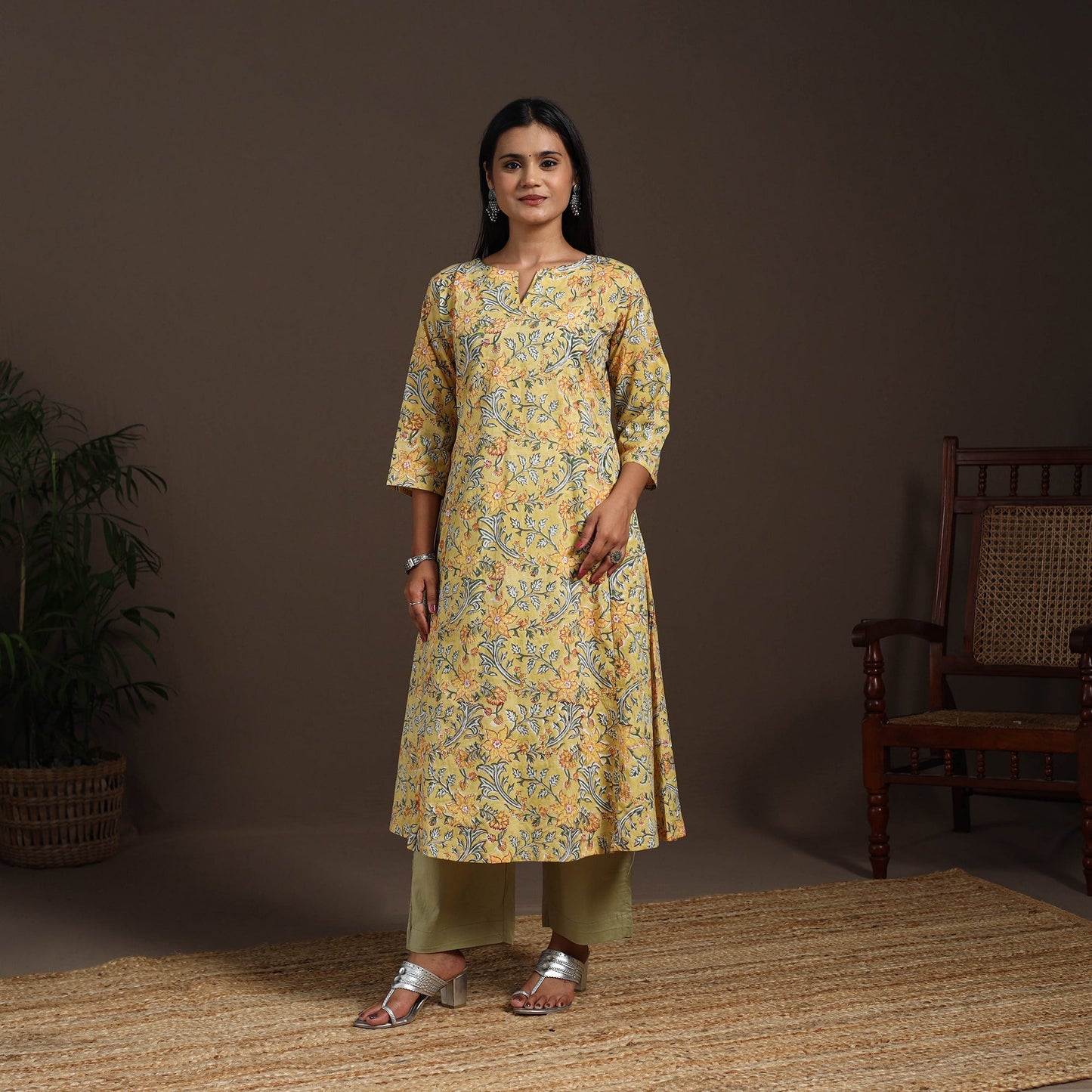 Yellow - cotton a-line sanganeri kurta 04 - handcrafted