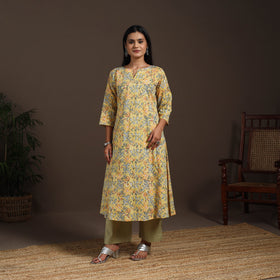 Yellow - cotton a-line sanganeri kurta 04 - handcrafted
