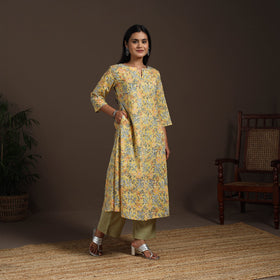 Yellow - cotton a-line sanganeri kurta 04 - handcrafted