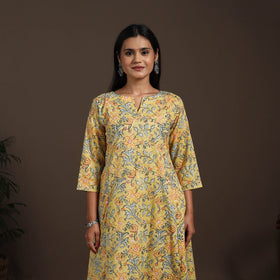 Yellow - cotton a-line sanganeri kurta 04 - handcrafted