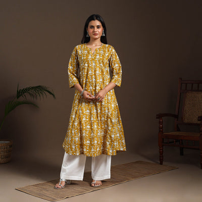 Yellow - cotton a-line sanganeri kurta 09 - handcrafted