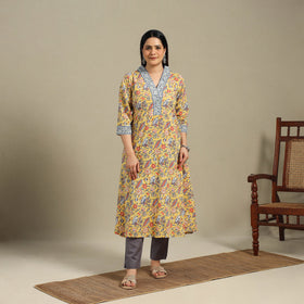 Yellow - cotton a-line sanganeri kurta 09 - handcrafted