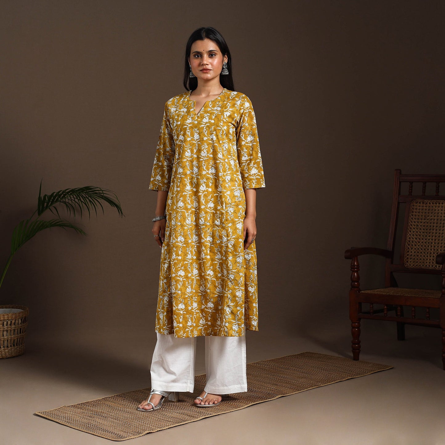 Yellow - cotton a-line sanganeri kurta 09 - handcrafted